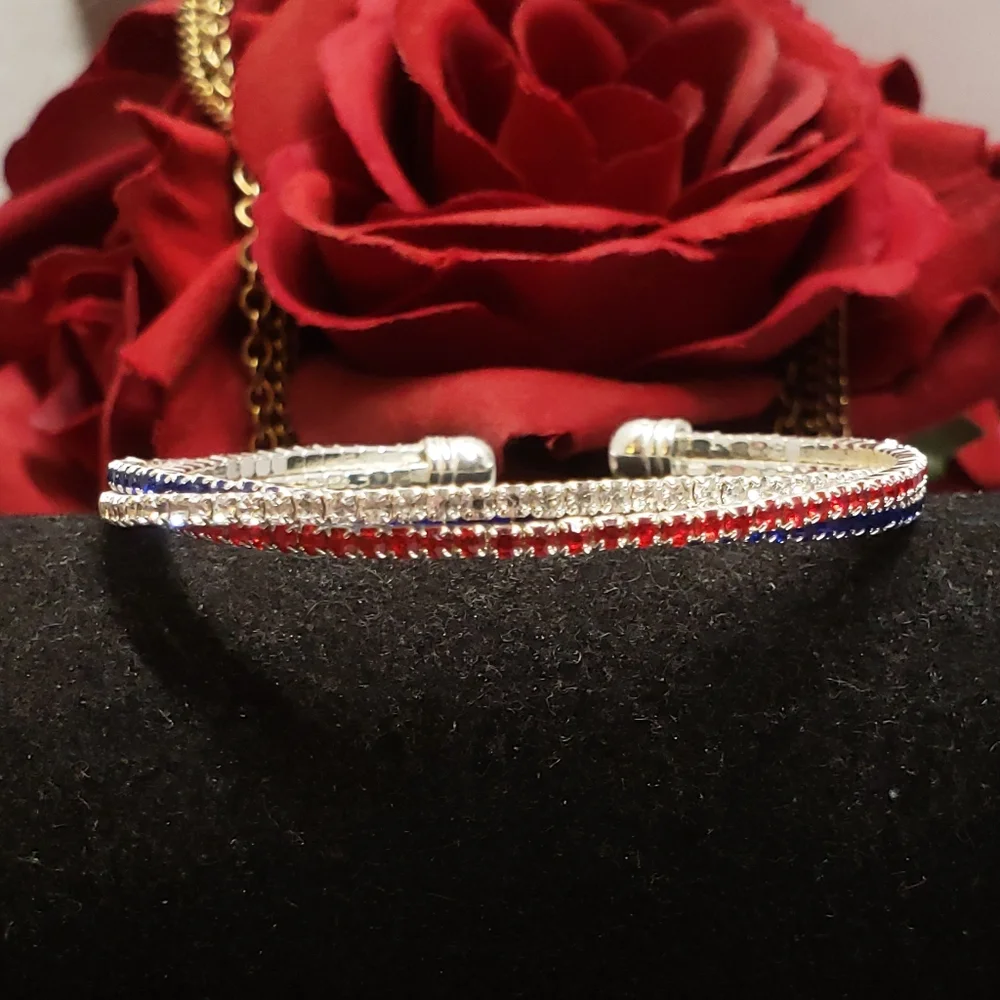 Stunning Red White & Blue Crystal Briad Silver Cuff Bracelet